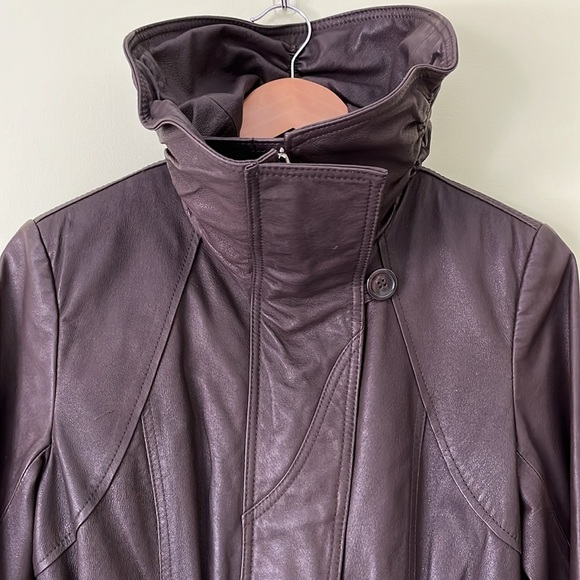NWOT Danier Brown Leather Jacket Moto 80s Y2K High Collar Cinched Waist - Picture 5 of 17